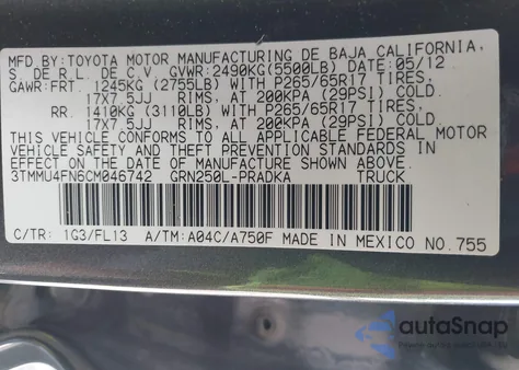 2012 Toyota Tacoma Base V6 из США, поврежденный, VIN 3TMMU4FN6CM046742